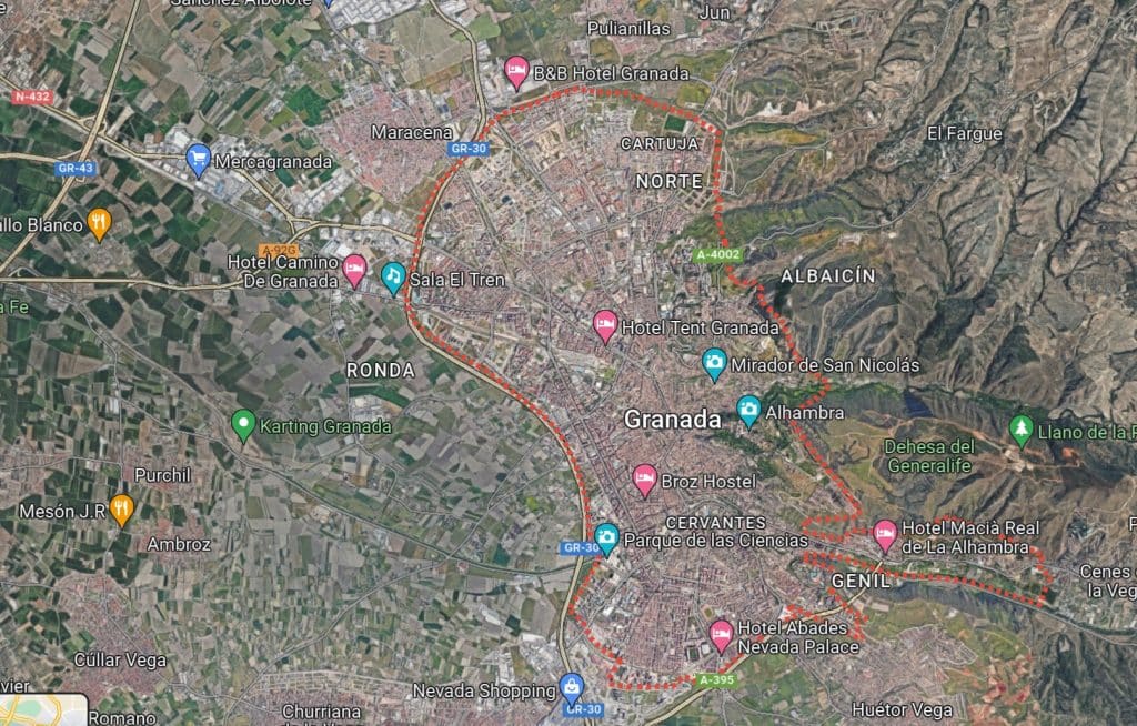 Influencers de Granada. Mapa de la ciudad, visita del satélite.